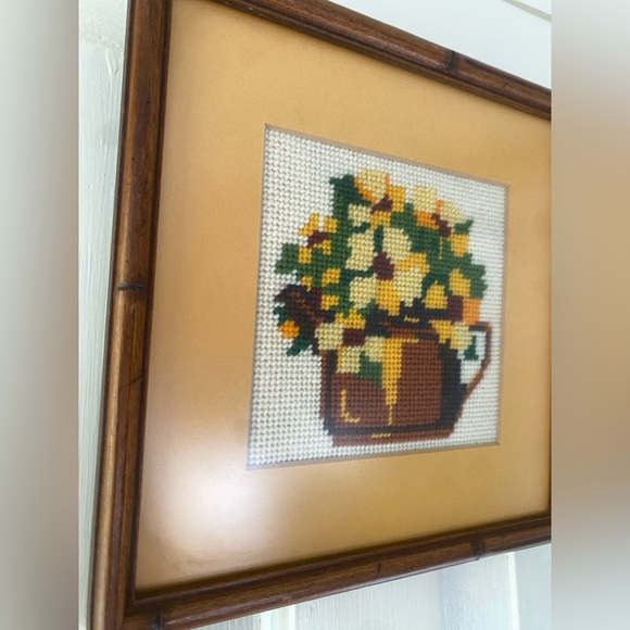 Vintage Finished Needlework Framed Matted w/ Glass Golden Bouquet Flowers 8” - Picture 3 of 7